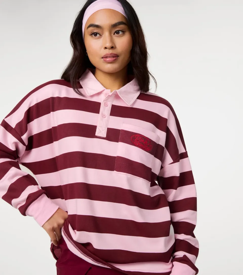 Women's Pink Cotton Rich Striped Oversized Rugby Top