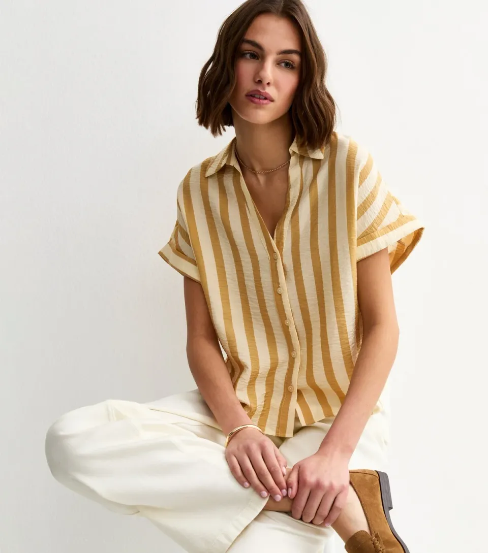 Women's Yellow Lightweight Wide Stripe Cropped Shirt