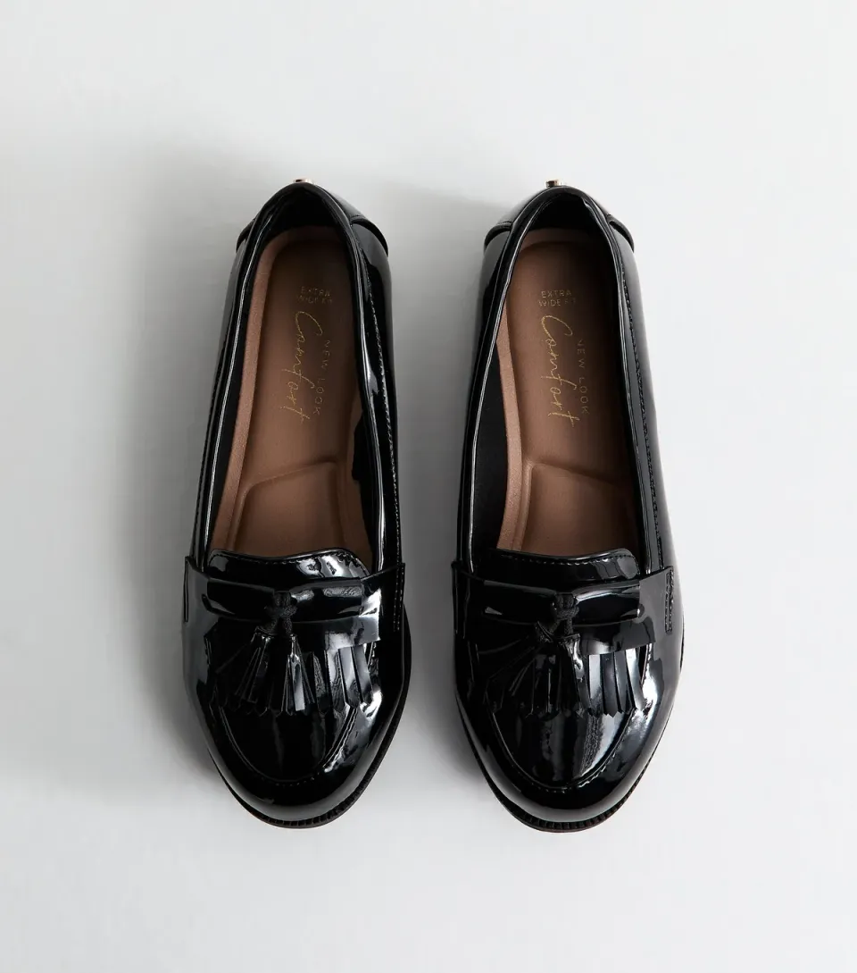 Women's Extra Wide Fit Black Patent Faux Leather Tassel Loafers Vegan