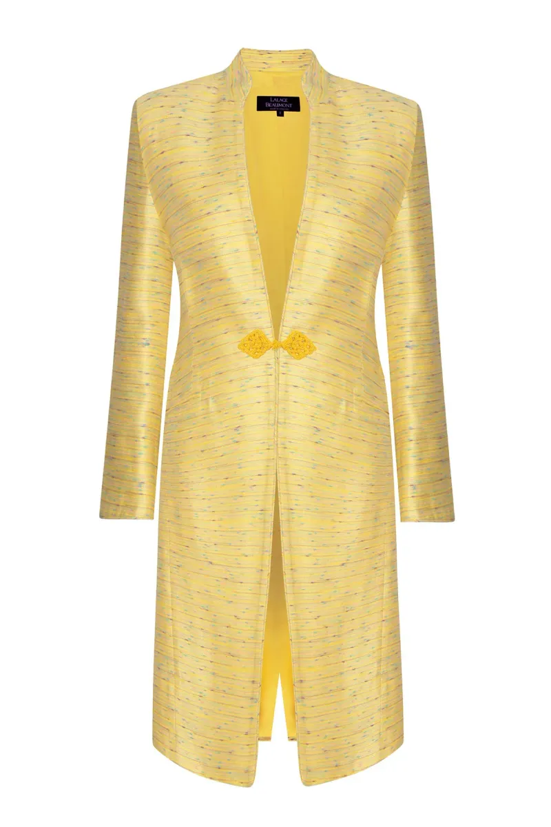 Yellow Dress Coat in Summer Slub Stripe with Self Trim and Frogging - Vicky