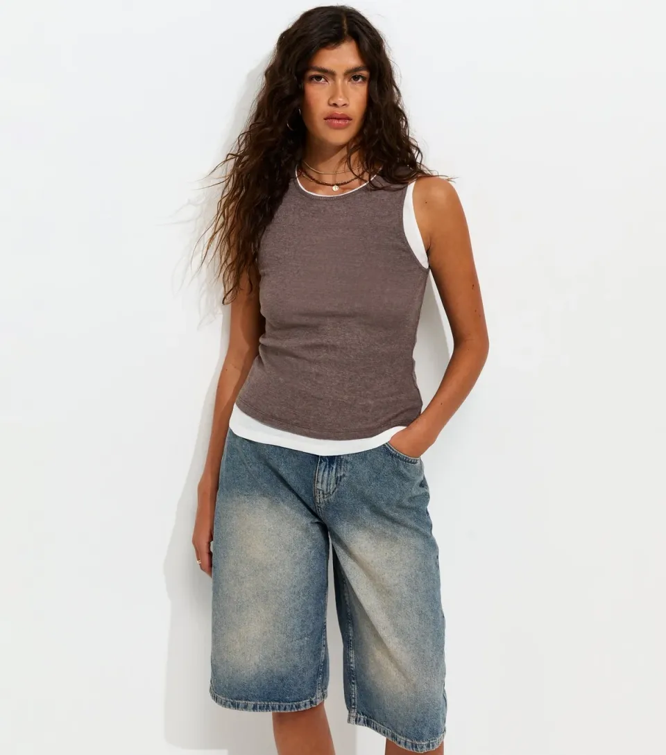 Women's Dark Brown 2 In 1 Tank Top