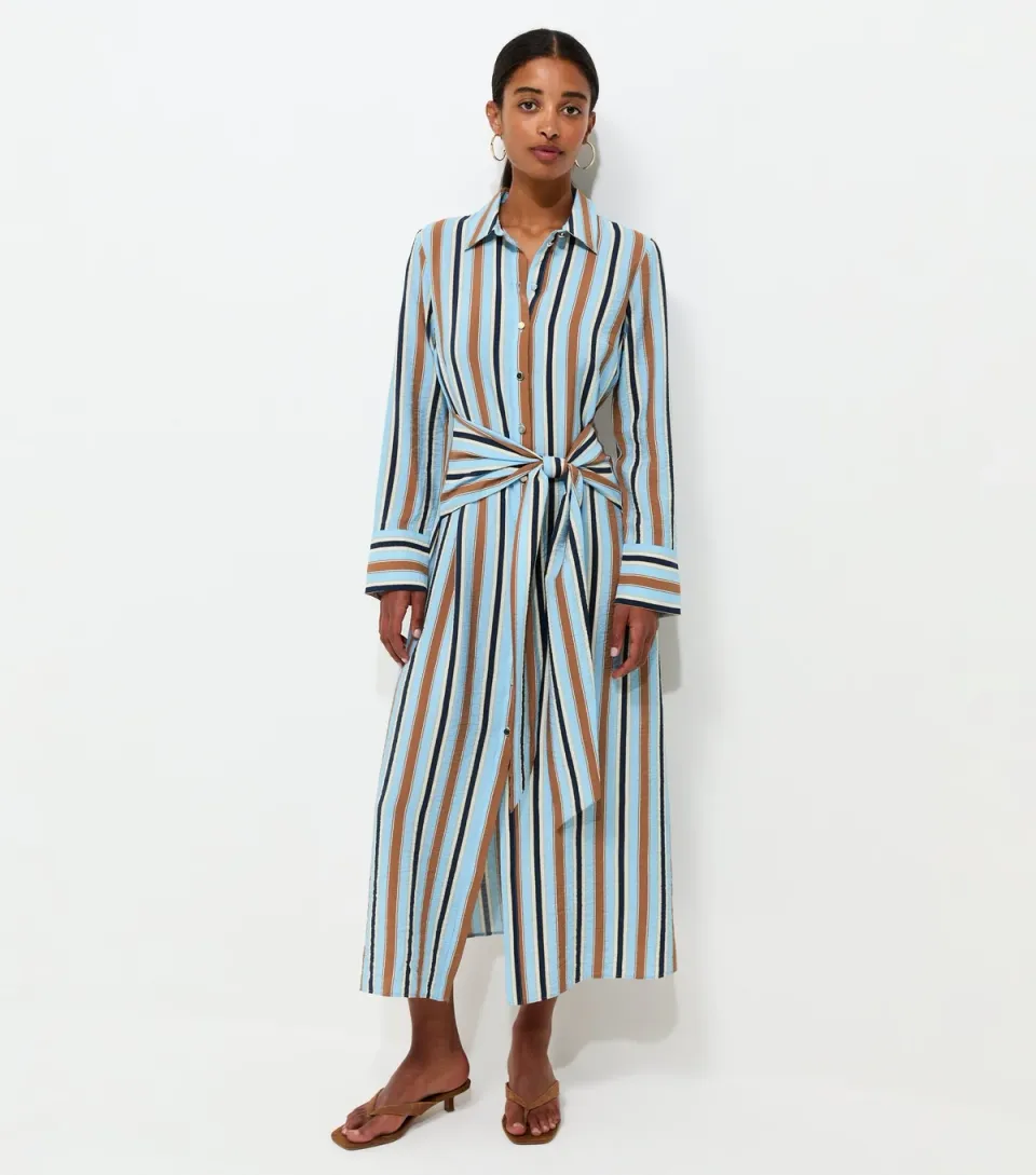 Women's Blue Crinkle Texture Striped Long Sleeve Midi Shirt Dress