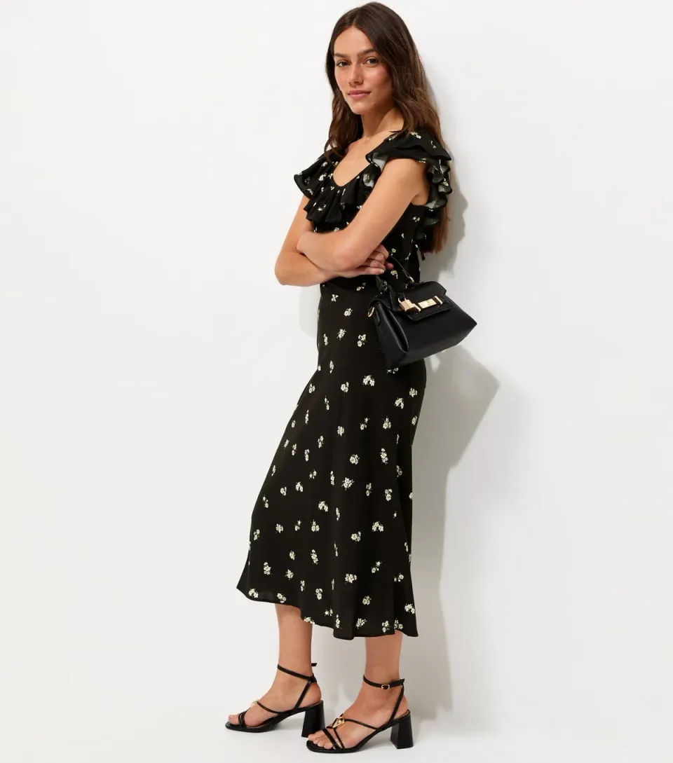 Women's Petite Black Floral Print Ruffle Neck Midi Dress