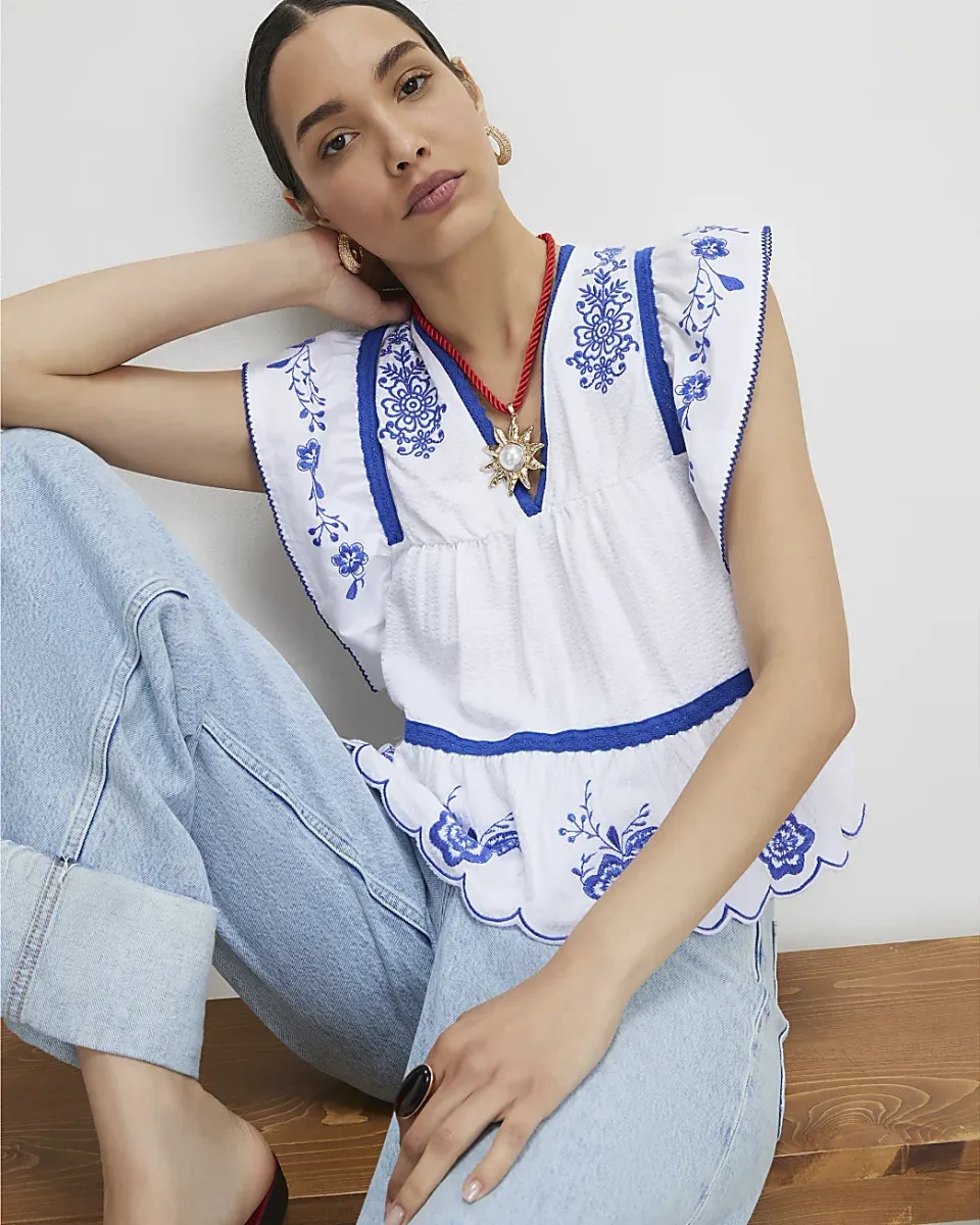 Cotton Embroidered V Neck Blouse