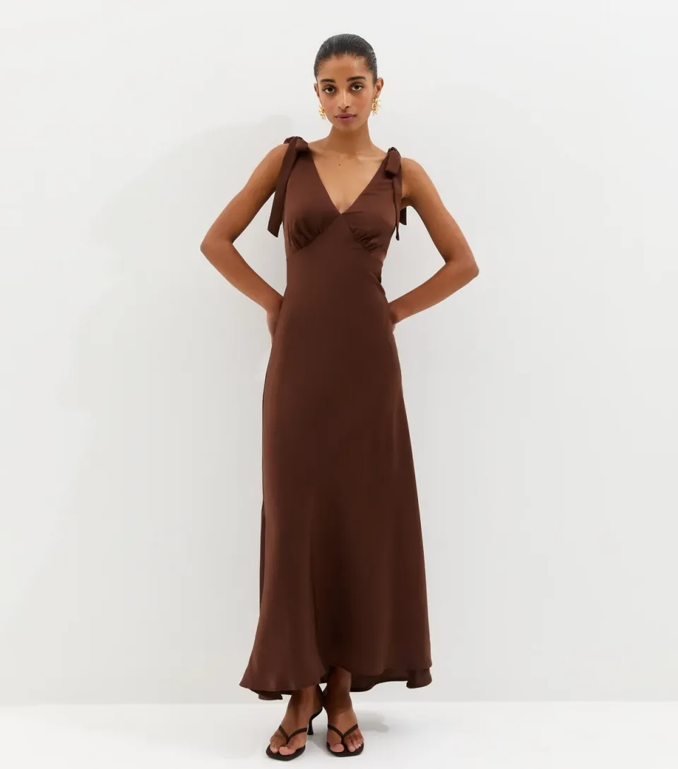Women's Dark Brown Tie Shoulder Plunge Maxi Dress