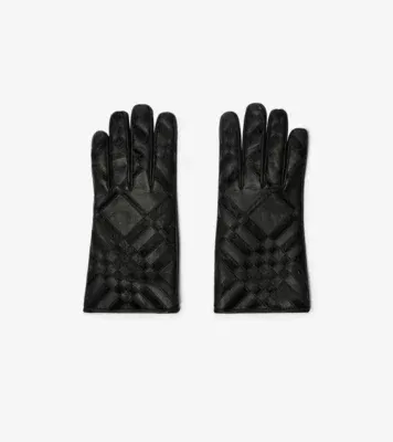 Check Intarsia Leather Gloves in Black