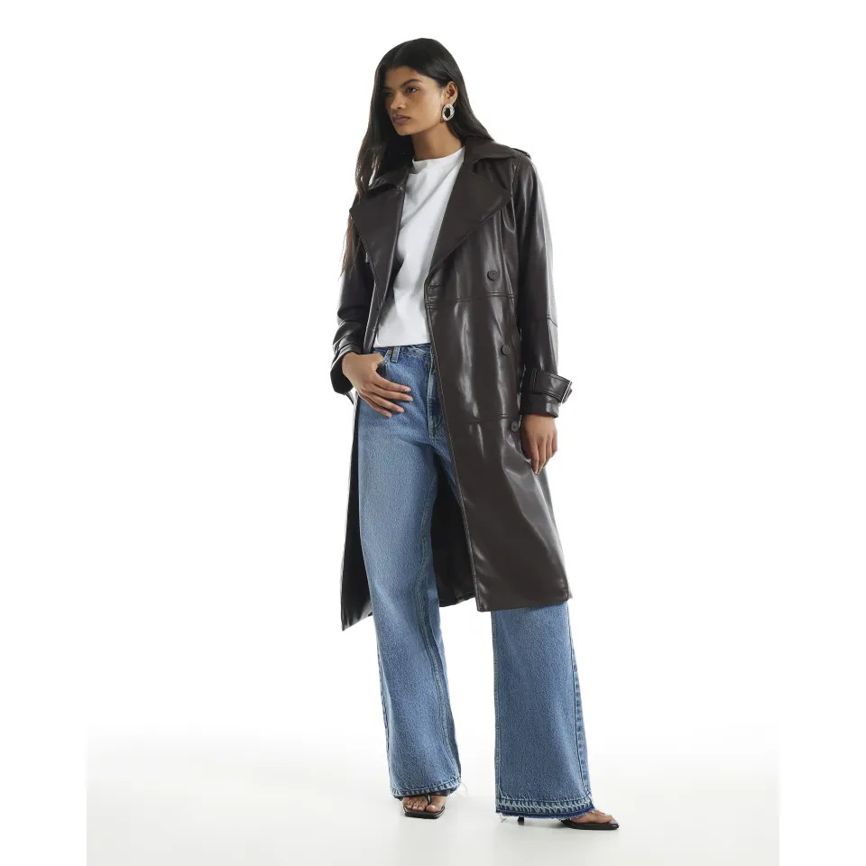Faux Leather Double Breast Trench Coat