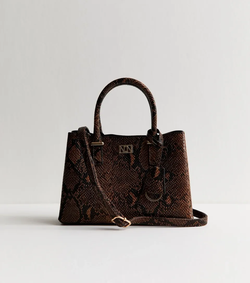 Brown Snakeskin Effect Faux Leather Tote Bag Vegan