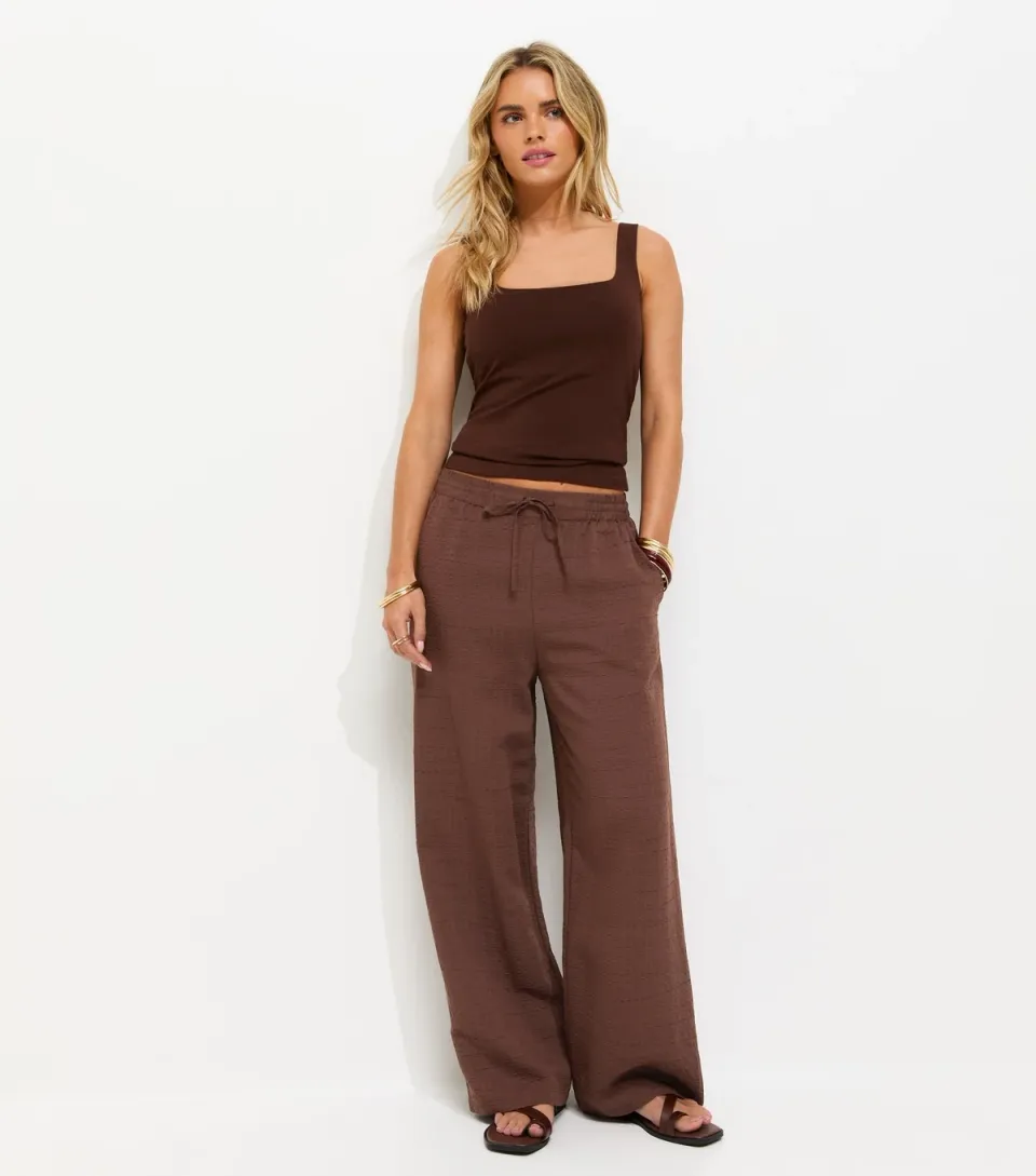 Women's Petite Dark Brown Crinkled Striped Wide Leg Trousers