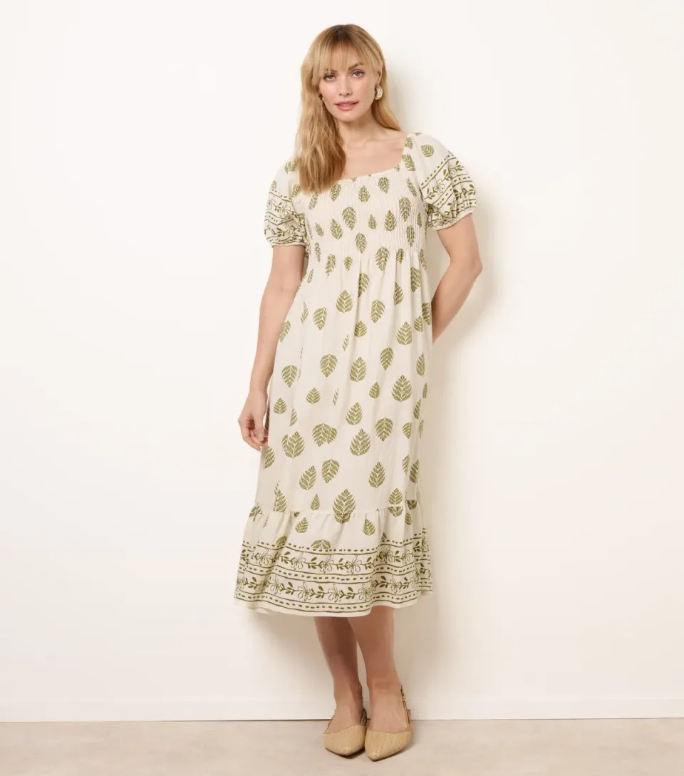 Women's Green Patterned Square Neck Midi Dress
