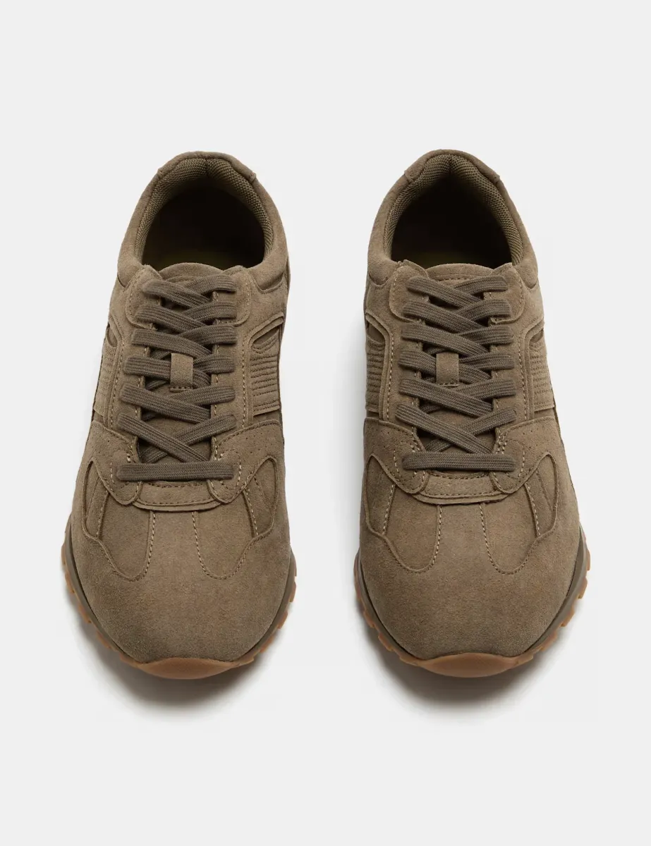 Slim Lace Up Runner Trainers Khaki