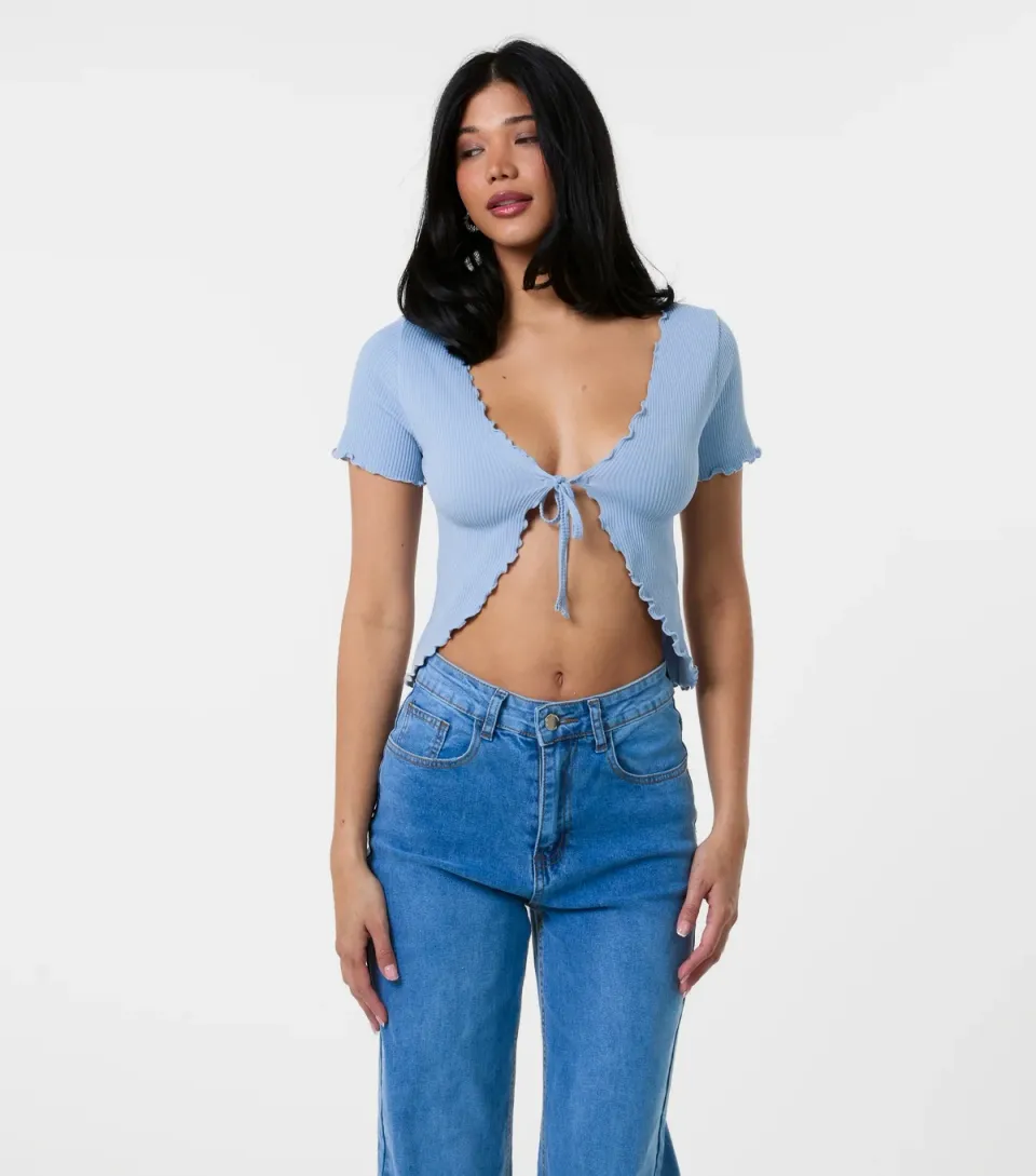 Women's Blue Ribbed Lettuce Trim Tie Front Top