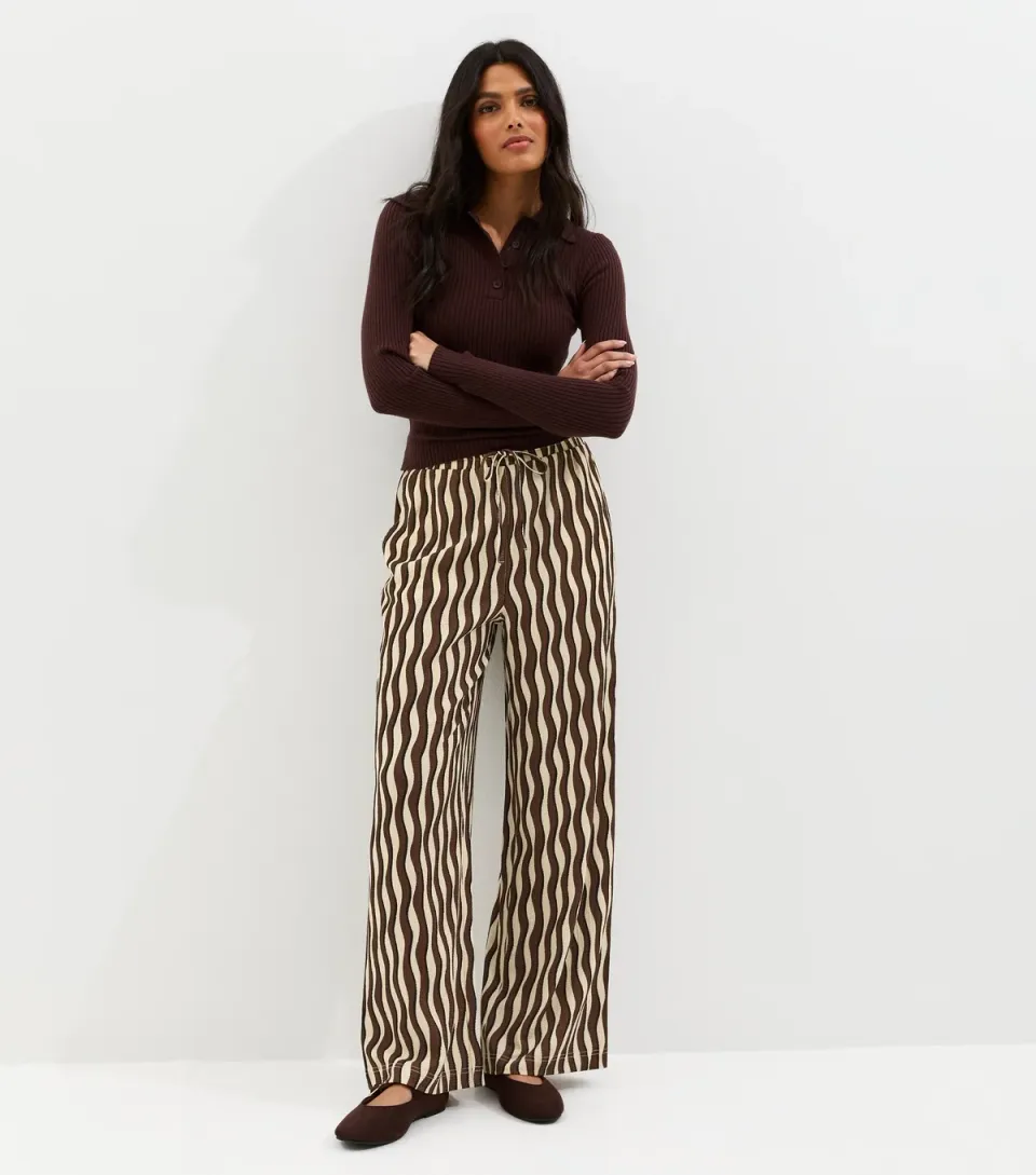Women's Brown Jersey Wave Patterned Wide Leg Trousers