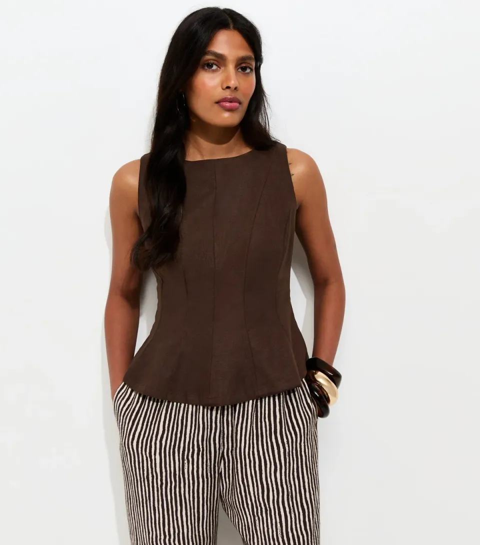 Women's Dark Brown Linen Blend Peplum Top