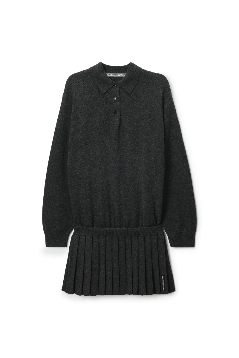 LONG SLEEVE POLO DRESS WITH HEAT PRESSED SKIRT