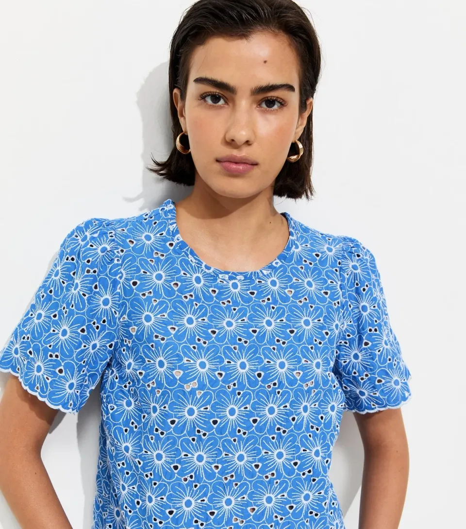 Women's Blue Cutwork Floral Crew Neck Top