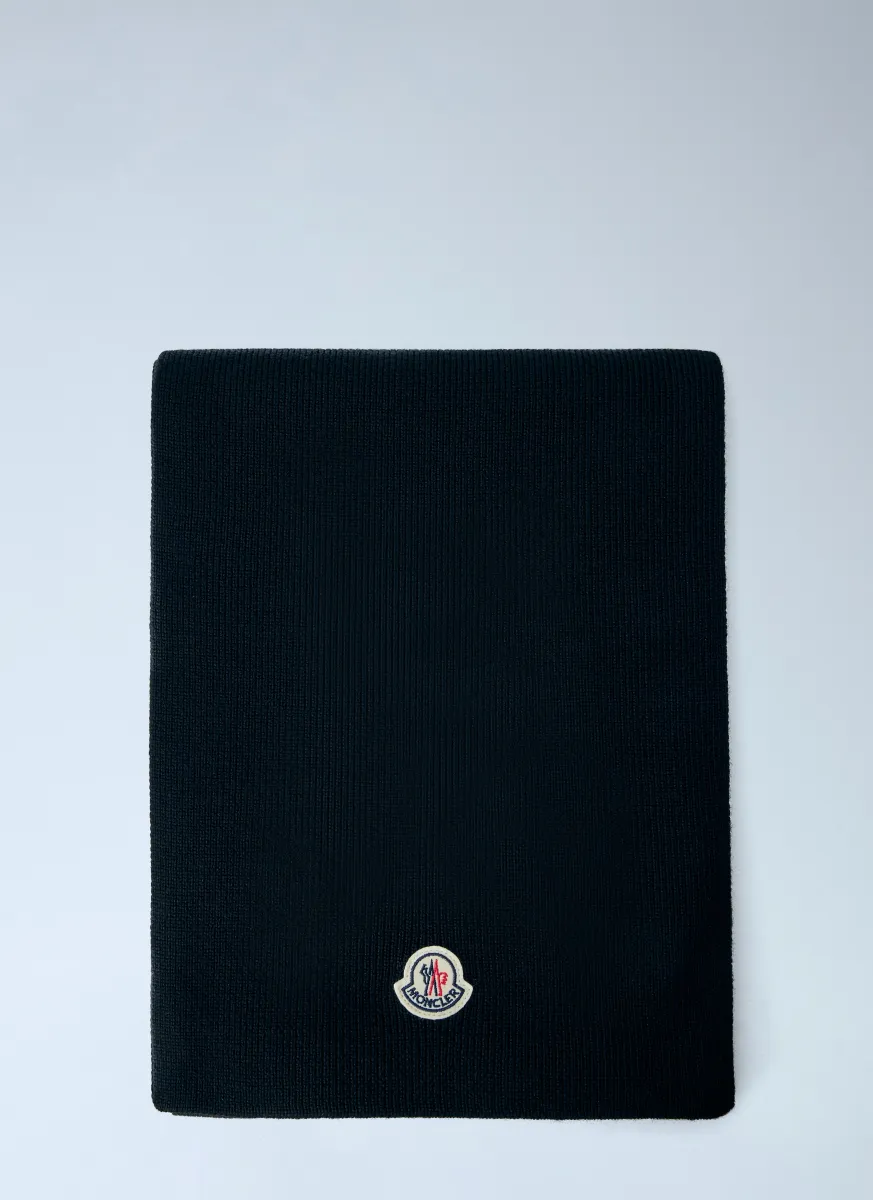 Ribbed Wool Scarf with Logo Patch