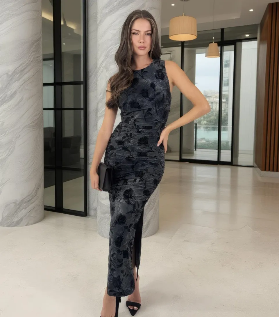 Women's Black Velour Floral Fitted Midi Dress
