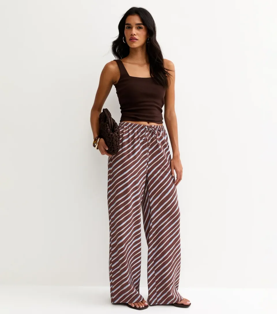 Women's Brown Diagonal Stripe Wide Leg Trousers