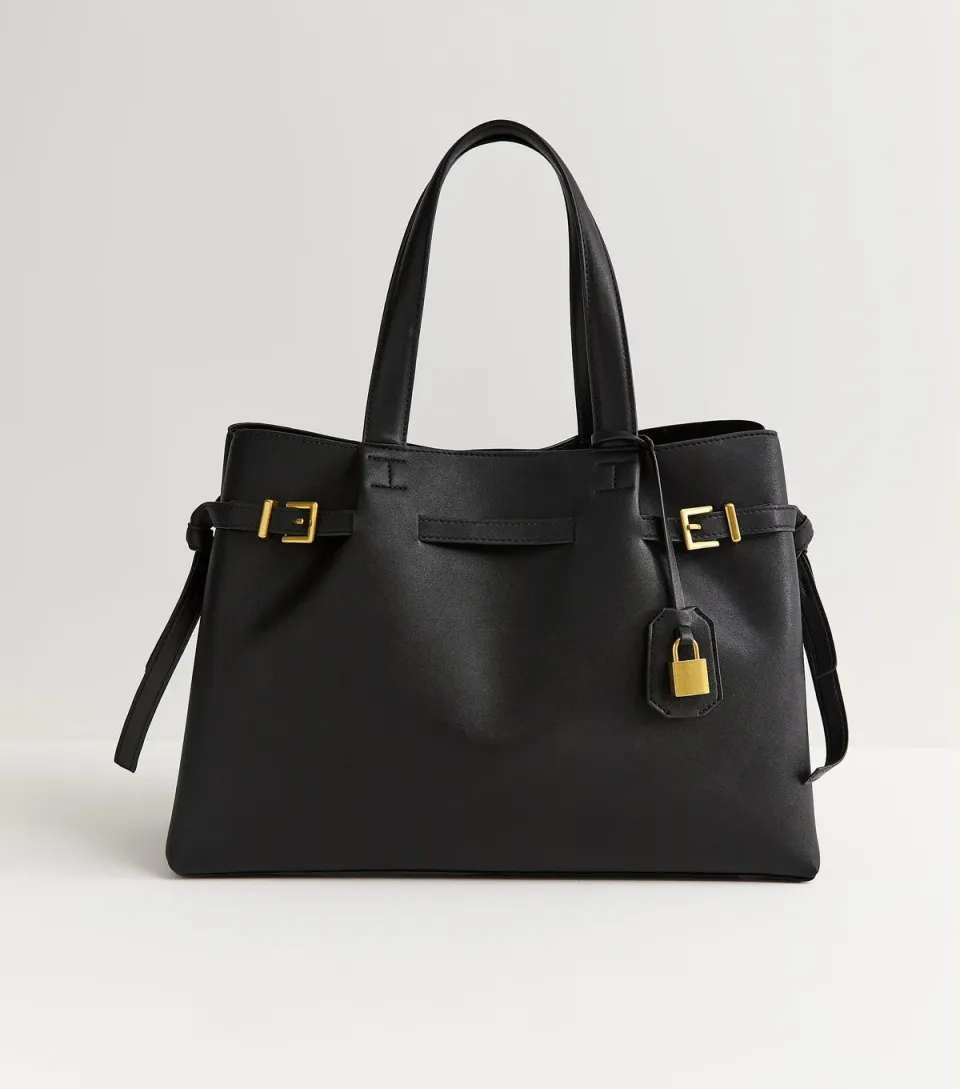 Black Faux Leather Belted Padlock Tote Bag Vegan