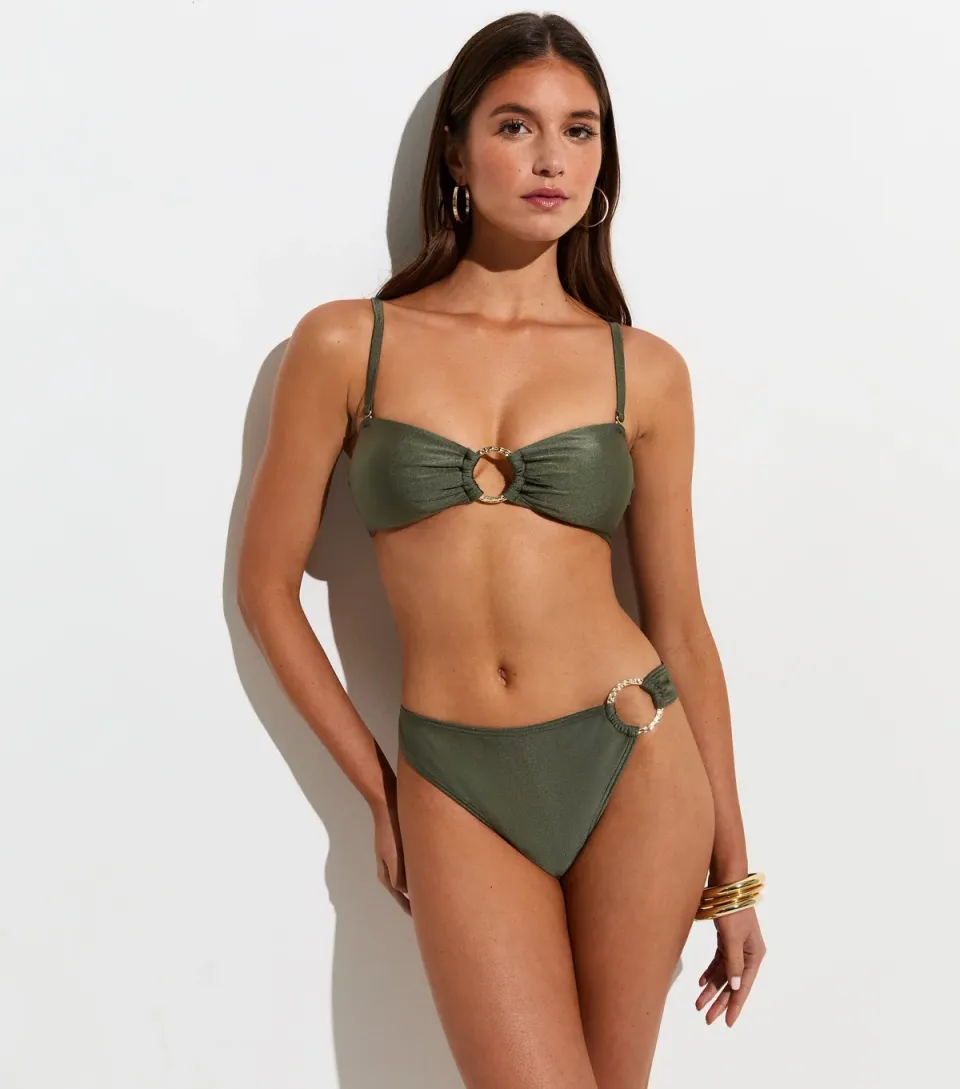 Women's Dark Green Hammered Golden Ring Bandeau Bikini Top