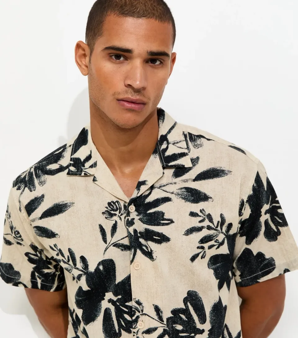 Men's Oatmeal Cotton Rich Floral Print Woven Shirt