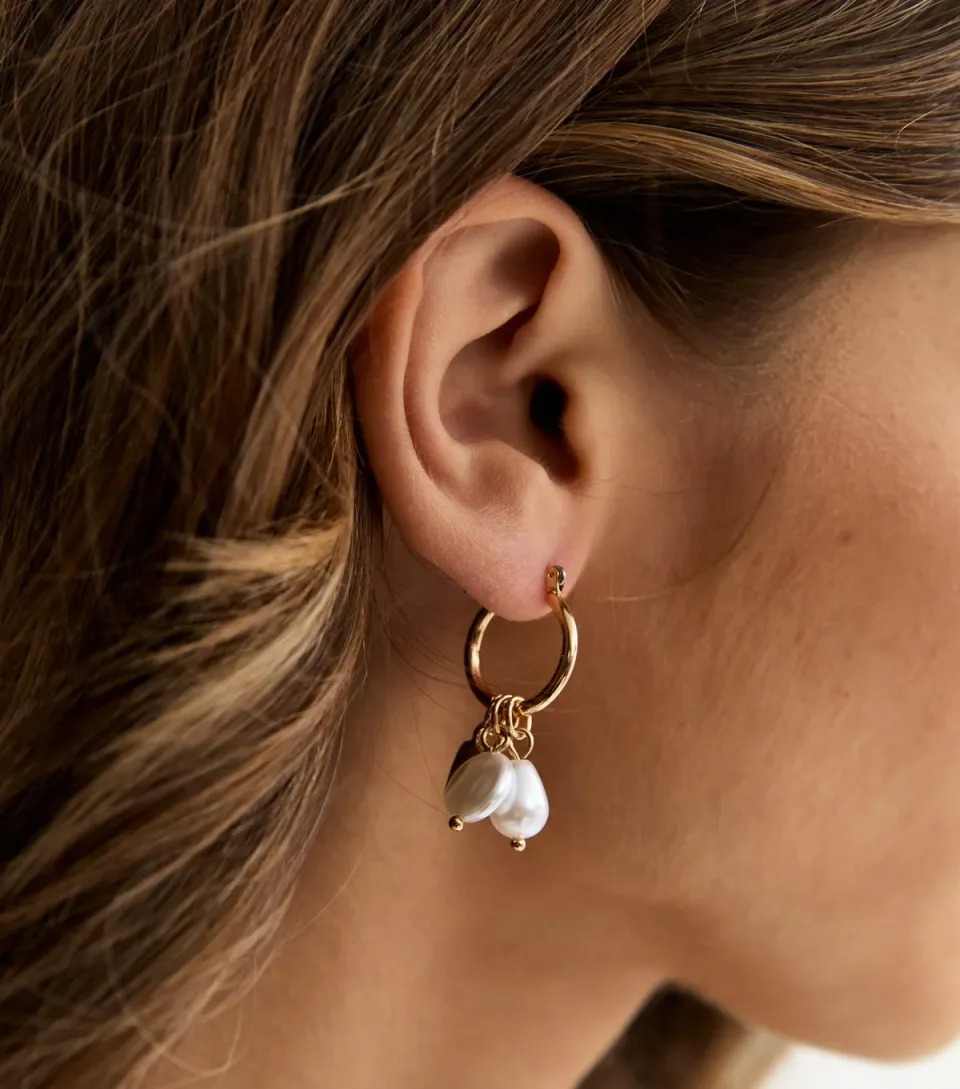 Gold Tone Faux Pearl Charm Hoop Earrings