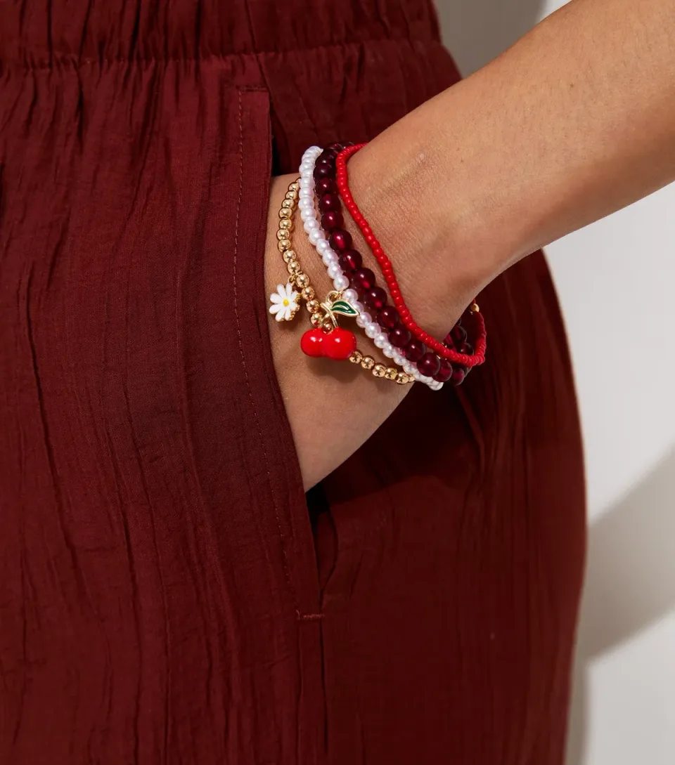Pack of 4 Red Stretchy Beaded Charm Bracelets