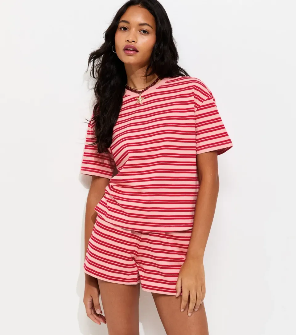Women's Brown and White Cotton Striped T-Shirt
