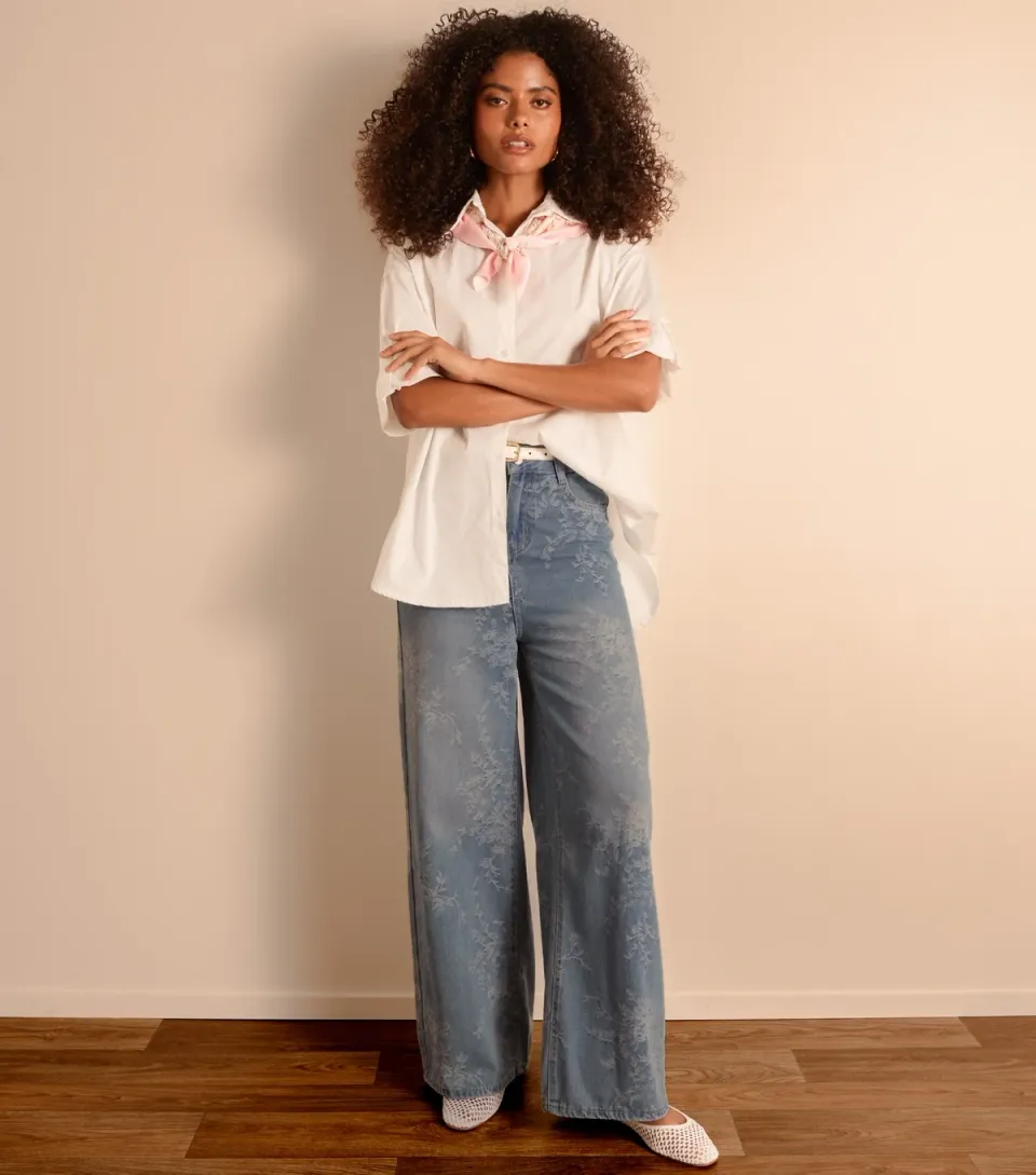 Women's Blue Floral Print Wide Leg Jeans