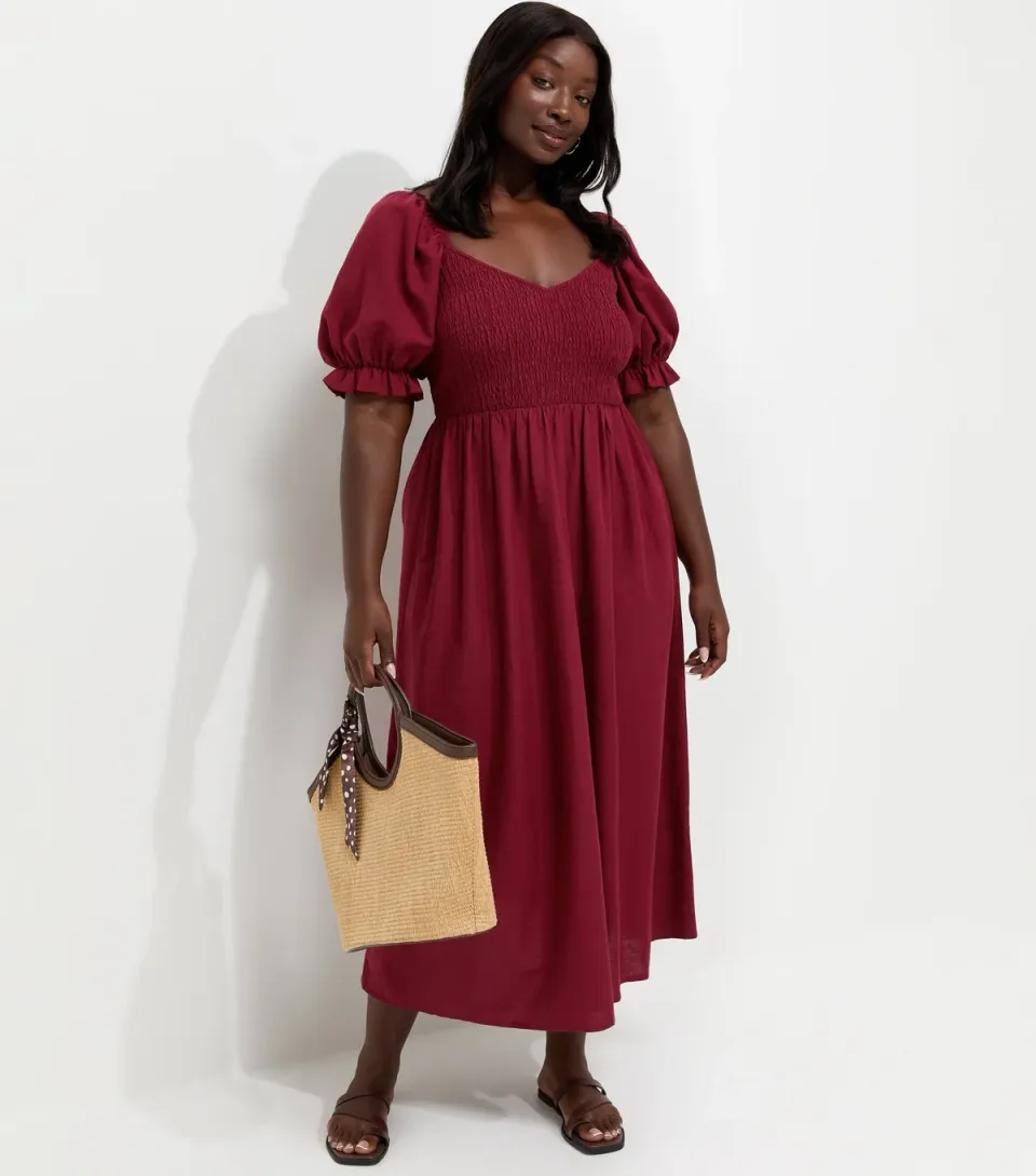 Women's Plus Size Dark Burgundy With Cotton Shirred Bodice Puff Sleeve Midi Dress Curves