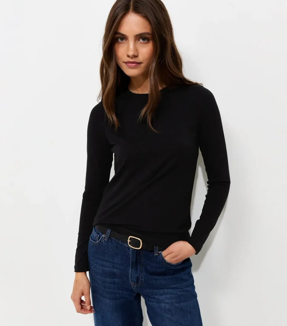 Women's Black Cotton Rich Crew Neck Long Sleeve T-Shirt