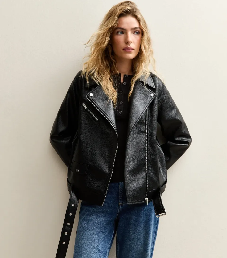 Women's Black Faux Leather Textured Oversized Biker Jacket