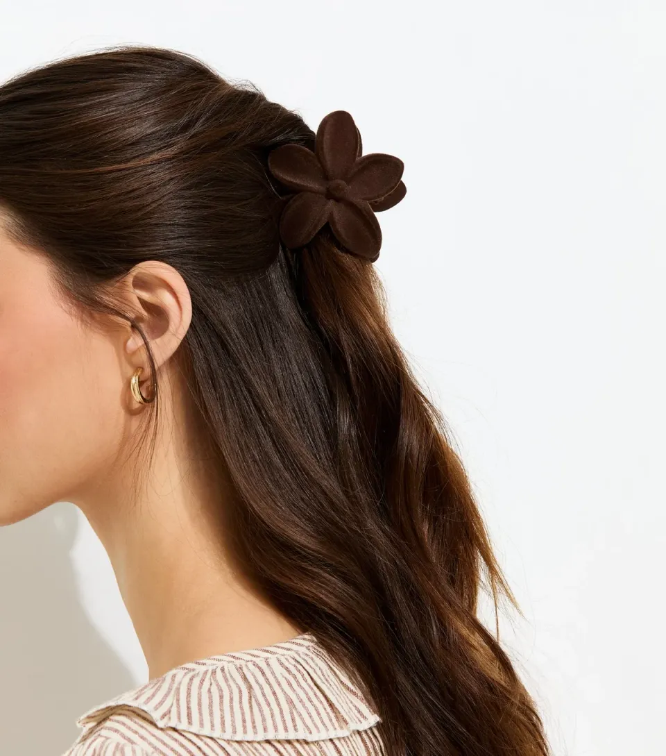 Brown Velour Tropical Flower Velour Hair Claw Clip