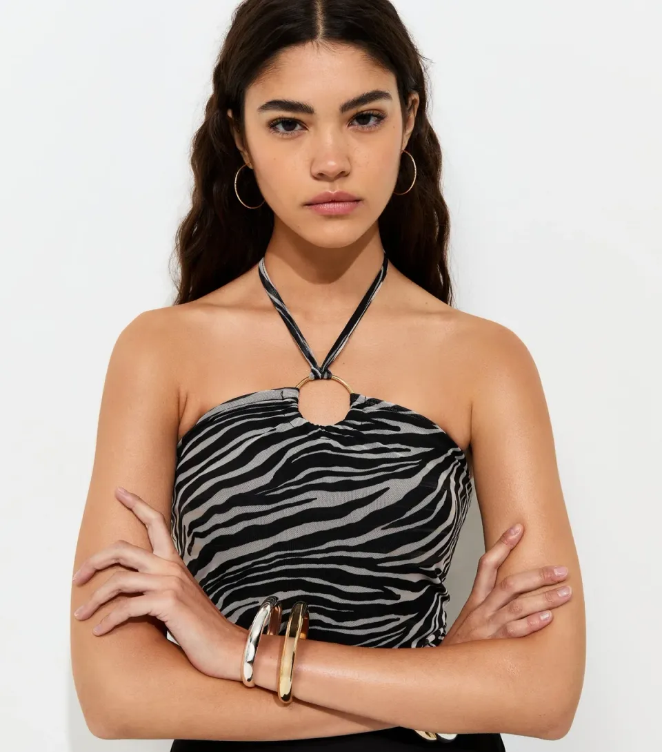 Women's Black Zebra Print Mesh Halter Neck Top