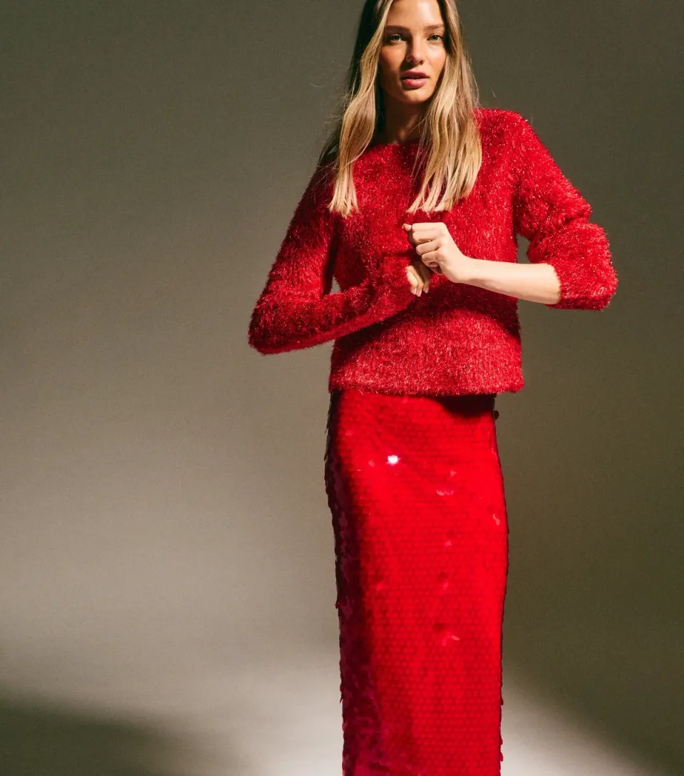 Women's Red Sparkle Knit Crew Neck Jumper