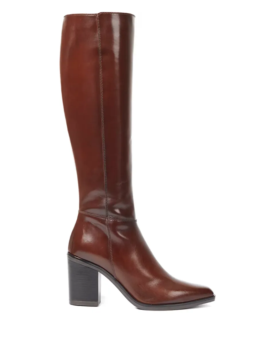 Leather Block Heel Knee High Boots