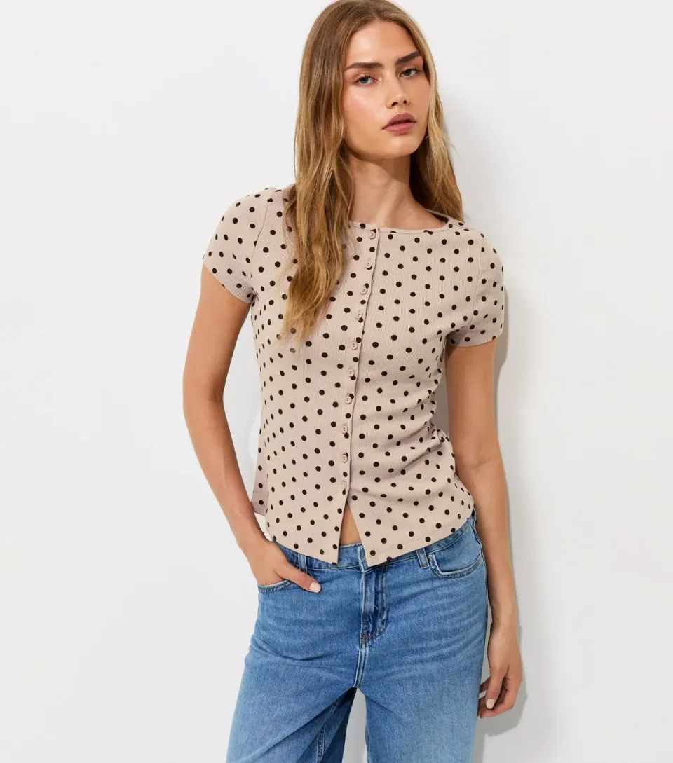 Women's Cream Ribbed Cotton Rich Polka Dot Button Through T-Shirt