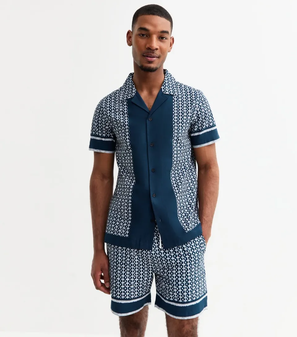 Men's Blue Regular Cotton Tile Print Revere Collared Shirt