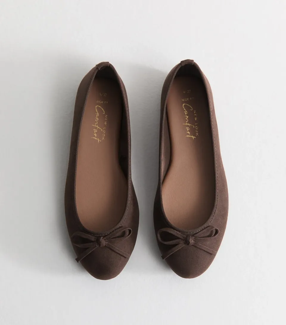 Women's Wide Fit Dark Brown Faux Suede Round Ballet Flats Vegan