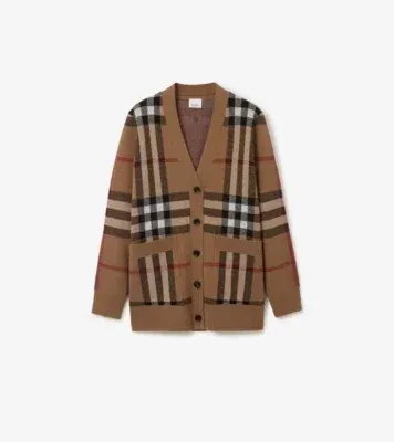 Check Wool Cashmere Cardigan in Birch brown