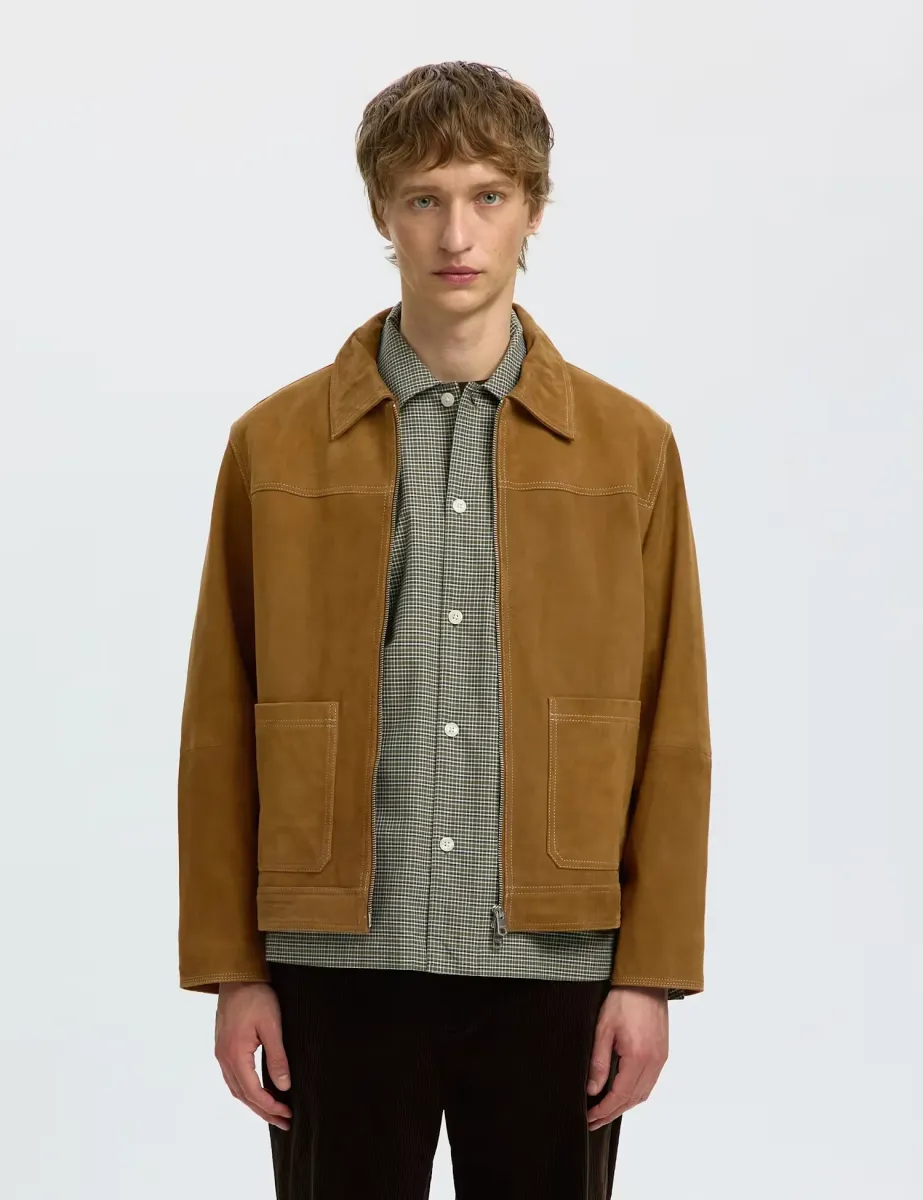 Suede Collared Zip Up Jacket Tan