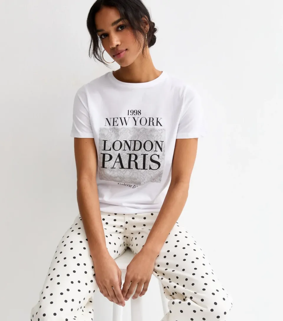 Women's White Cotton London Paris Logo T-Shirt