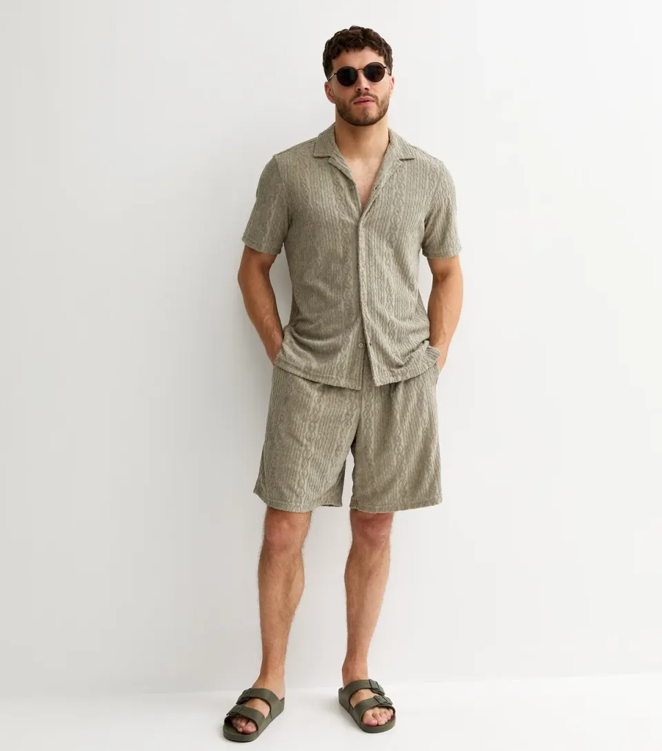 Men's Light Khaki Relaxed Patterned Terry Towelling Shorts