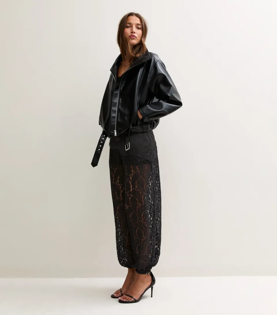 Women's Black Lace Cuffed Balloon Leg Trousers