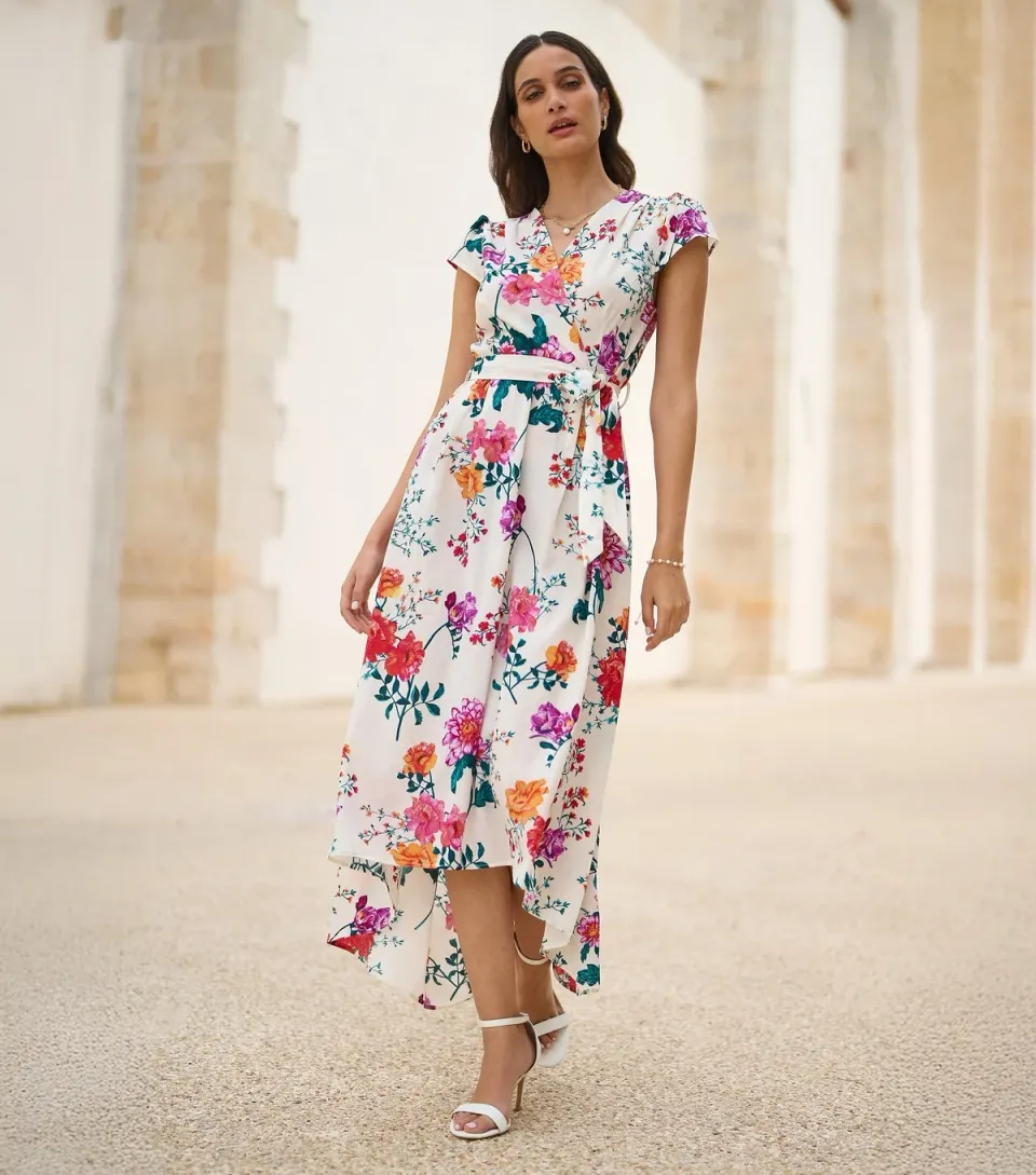 Women's White Floral Print Wrap Front Belted Midi Dress