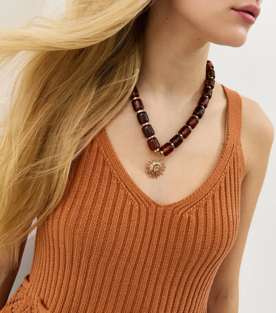 Brown Tortoiseshell Beaded Sun Pendant Necklace