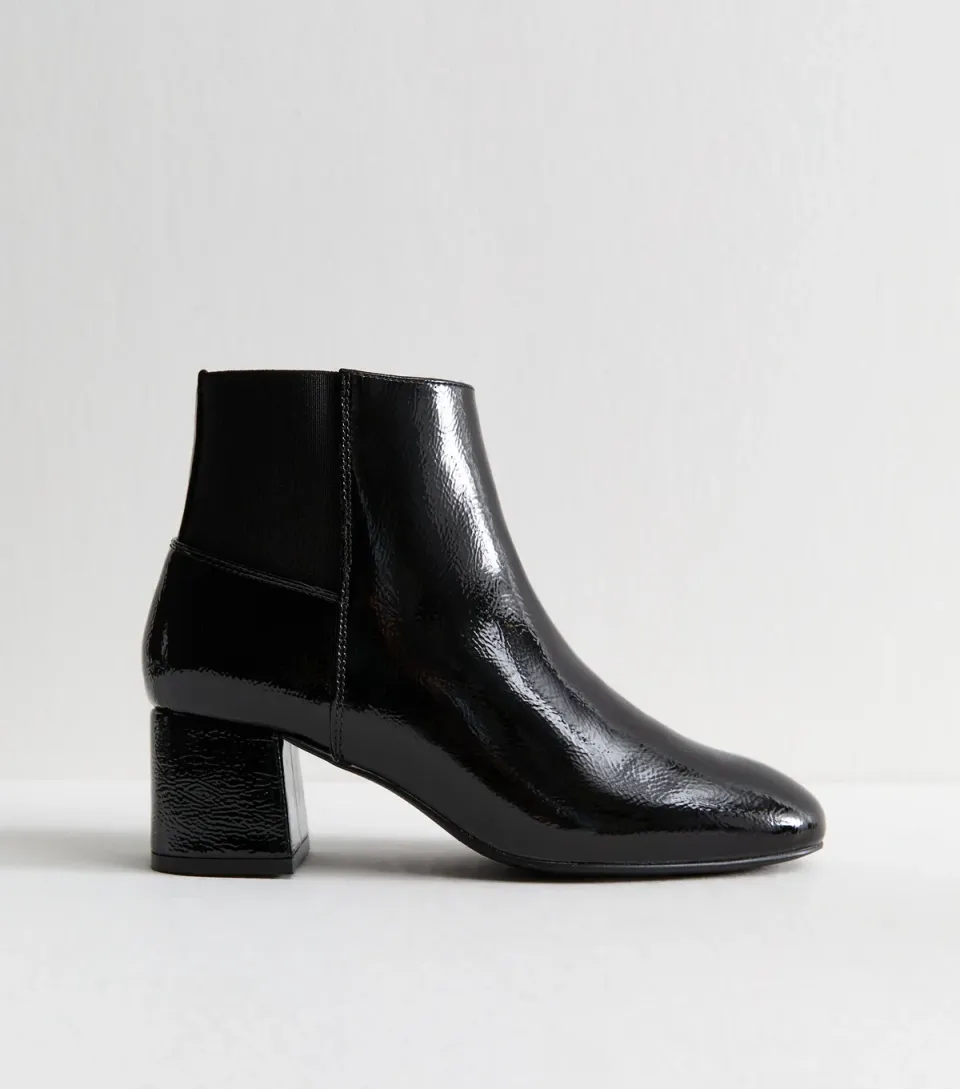 Women's Black Textured Faux Leather Patent Ankle Boots Vegan