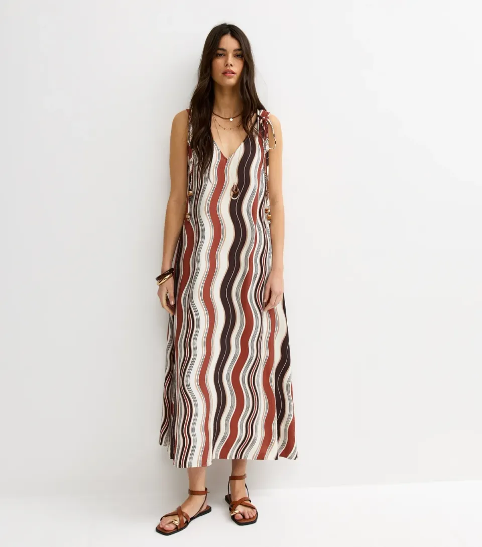 Women's Brown Wavy Print Ruched Shoulder Smock Midi Dress