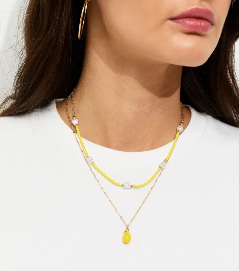 Gold Tone Yellow 2 Layer Lemon Charm Necklace